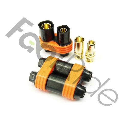 Aukštos srovės oranžinės ir juodos spalvos akumuliatoriaus jungtys su auksuotais kontaktais baltame fone.